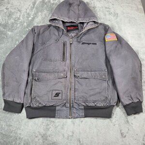 Snap On Tools Jacket Mens XL Gray Distressed Quilt Lined Hooded Canvas Coat
